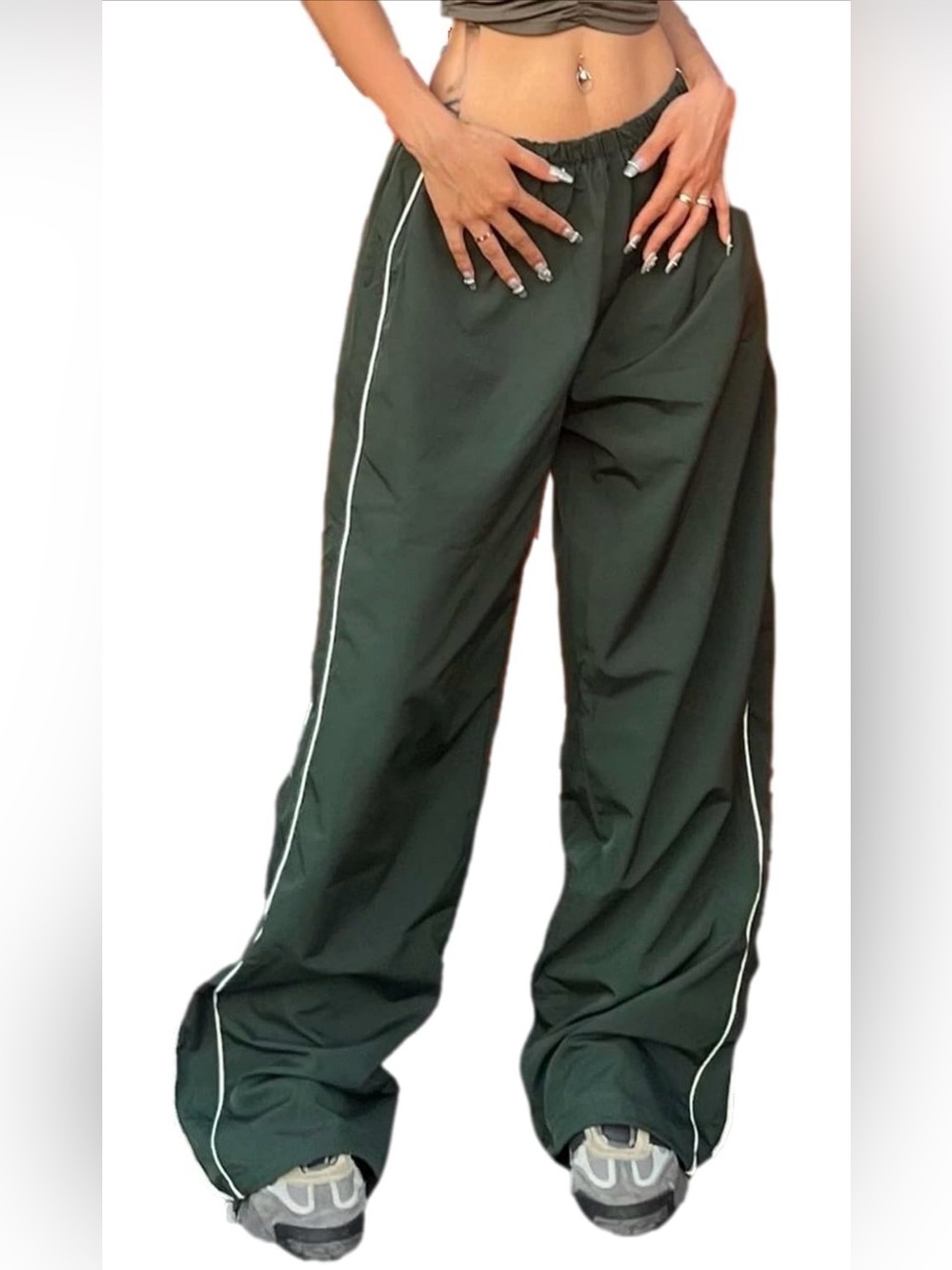 Dark Green Relaxed Track Pants with White Piping
